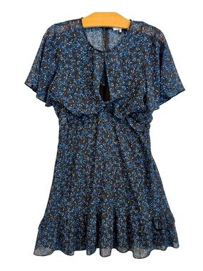 Parker Black Feminine Dress with Blue Floral Print Lined Flutter Sleeves